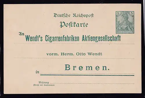 DR. 5 Pfg. Ganzsache Reichpost mit Zudruck "Wendt`s Cigarren..., ungebraucht.