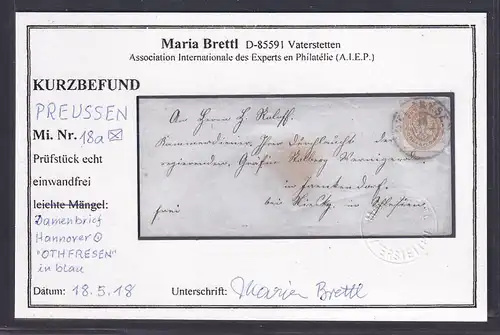 AD. Preußen, Damen-Brief  mit EF. Mi.-Nr. 18a (Siehe Befund von Brettl).