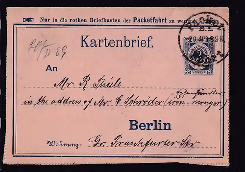 Privatpost, Kartenbrief Berlin  gestempelt 1889
