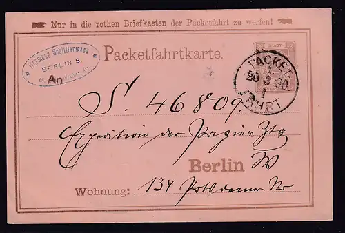 Privatpost, Packetfahrtkarte Berlin 1890 gelaufen.