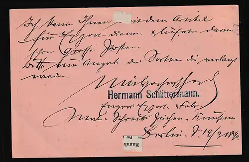 Privatpost, Packetfahrtkarte Berlin 1890 gelaufen.