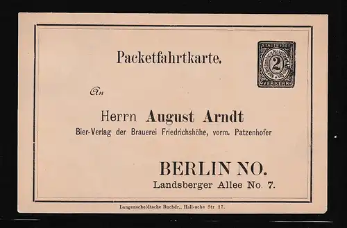 Privatpost, Packetfahrtkarte Berlin, 2 Pfg Braun mit Zudruck, ungebraucht.