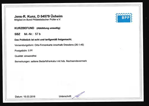 SBZ-Ost-Sachsen Orts-Karte mit EF. Mi-Nr. 57b, Befund KunzBPP.