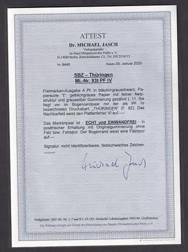 SBZ- Thüringen., Mi.-Nr. 93t PF IV , postfrisch, FA. Dr. JaschBPP.