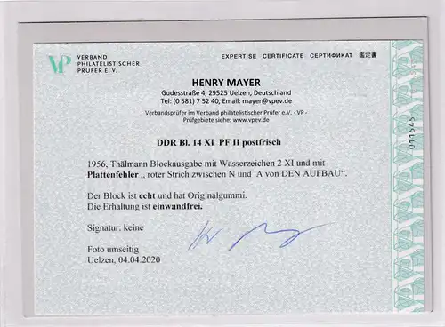  DDR,  Mi.-Nr. BI 14 XI PF II postfrisch, Befund Mayer