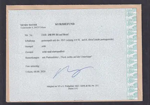 DDR. Mi.-Nr. 258 PF III auf Brief, Kurzbefund Mayer.