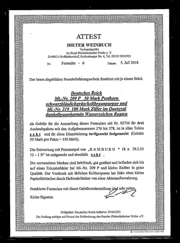 DR., Posteinlieferungsschein mit  Mi.-Nr.209 P und 219, FA. WeinbuchBPP.