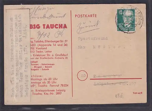 SBZ., Fern-Postkarte mit EF. Mi.-Nr.  215, mit "Zurück Zettel"