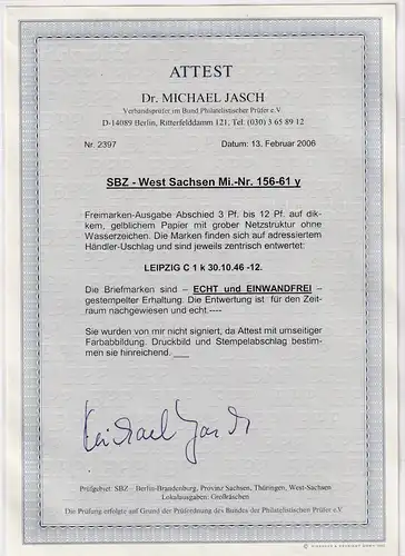 SBZ-West Sachsen Mi.-Nr. 156-61 y, auf Brief,  FA. DR.JaschBPP: