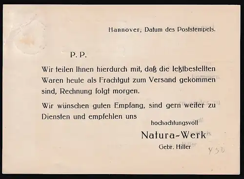 DR. Reklamekarte, Natura Werk Hannover 