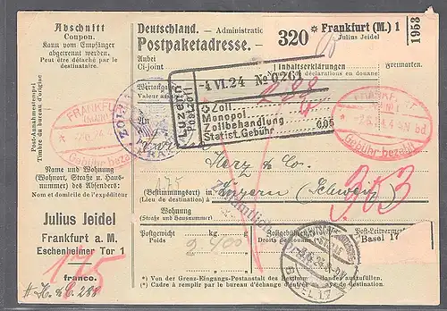 DR., Ausland-Paketkarte mit Gebühr bezahlt aus Frankfurt/Selbstbucher