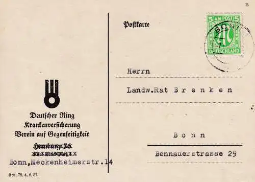 Bizone, AM Post Ortskarte mit EF. Mi.-Nr.  19 B, sign. HettlerBPP.