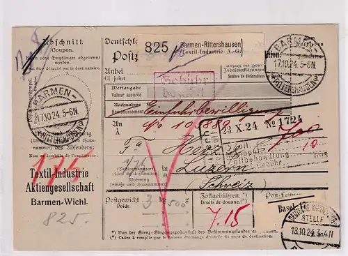 DR., Ausland-Paketkarte mit Gebühr bezahlt aus Barmen-Rittershausen/Selbstbucher
