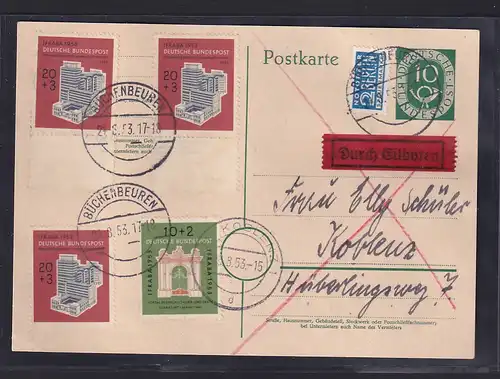 Bund., Mi.-Nr.  P 12 als Eilbotekarte mit 2 x Mi.-Nr. 171 - 172  gelaufen.