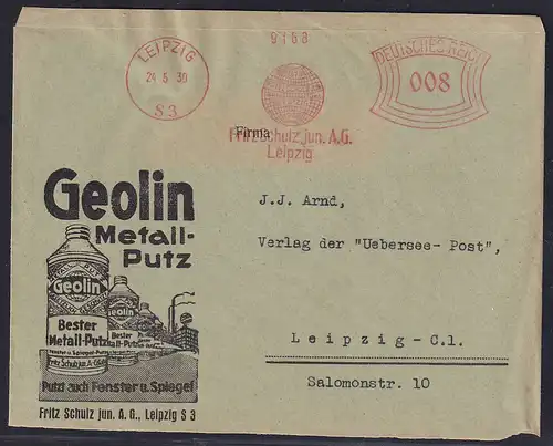 DR. Reklamebrief, Geolin Metall-Putz, Fritz Schulz jun. A.G. Leipzig 