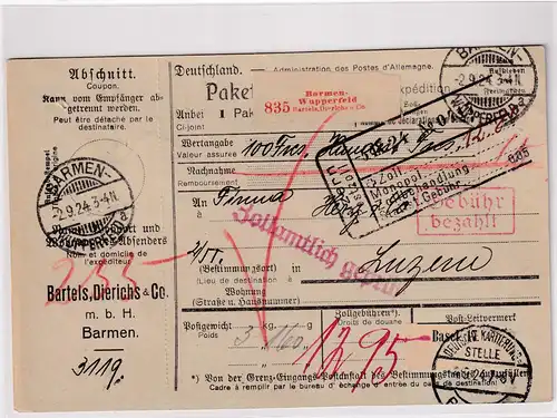 DR., Ausland-Paketkarte mit  Gebühr bezahlt aus Barmen/Selbstbucher