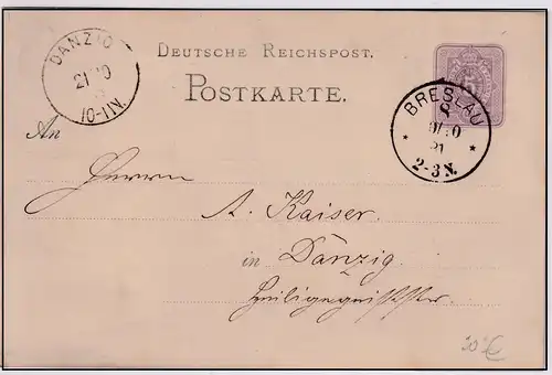 DR.,Ganzsache Mi-Nr. P 5 mit Zudruck, gelaufen von  Breslau nach Danzig