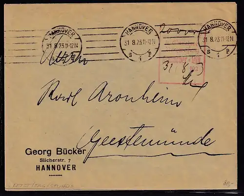 DR.,Fernbrief mit Gebühr bezahlt aus Hannover von 31.8.23 