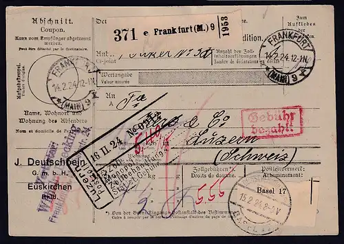 DR., Ausland-Paketkarte mit Gebühr bezahlt aus Frankfurt 