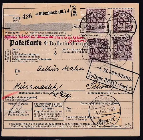 DR., Ausland-Paketkarte aus Offenbach mit MeF. Mi.-Nr. 343