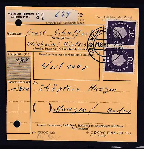 BRD, Paketkarte  Me.F. Mi.-Nr. 306/306