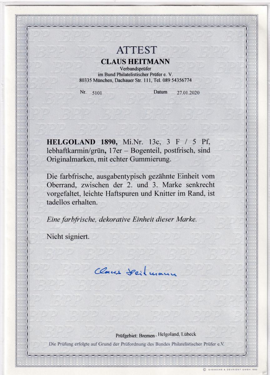 Ad Helgoland 10 Mi Nr 13c 17 Er Bogenteil Postfrisch Fa Heitmann Nr 3755 Oldthing Altdeutschland Sonstige
