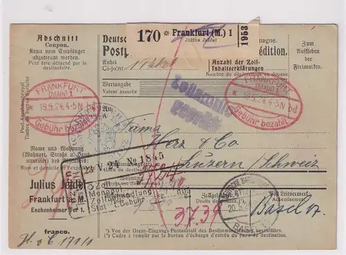 DR., Ausland-Paketkarte mit Gebühr bezahlt aus  Frankfurt/Selbstbucher
