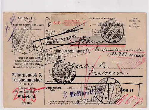 DR., Ausland-Paketkarte mit Gebühr bezahlt aus  Elberfeld/Selbstbucher