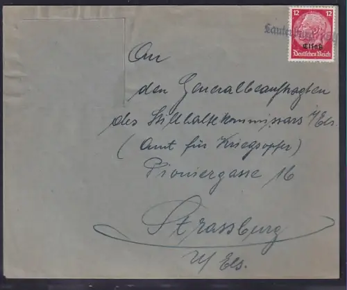 Dt. Besetzung 2. Weltkrieg, Elsaß, Fernbrief EF. Mi.-Nr. 7 mit Notstempel