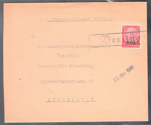 Dt. Besetzung 2. Weltkrieg, Elsaß, Fernbrief EF. Mi.-Nr. 7 mit Notstempel