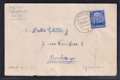 Dt. Besetzung 2. Weltkrieg, Elsaß, Ausland-Brief EF. Mi.-Nr. 10, Zensiert