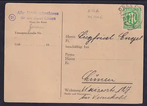 Bizone, AM Post Fernkarte mit EF.  Mi.-Nr.  12 A