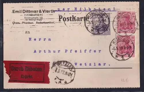 DR., Eilbote-Fernkarte aus Hamburg mit Firmenlochung