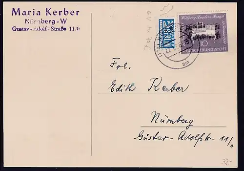 Bund, Fern-Karte mit EF. Mi.-Nr.228 + Zwangszuschlagsmarke Mi.-Nr. 6 V