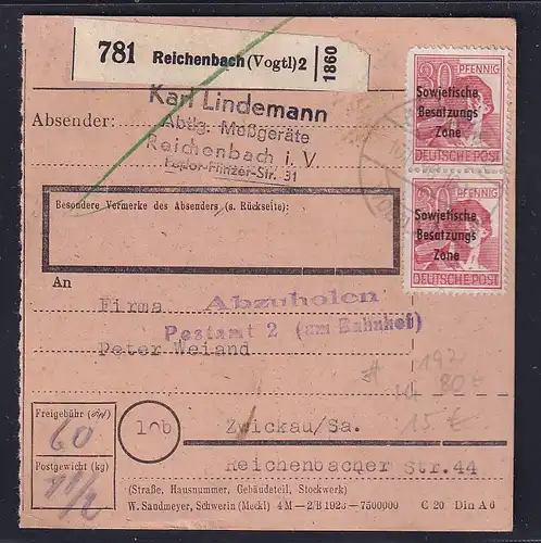 SBZ, Paketkarte mit MeF. Mi.-Nr. 192