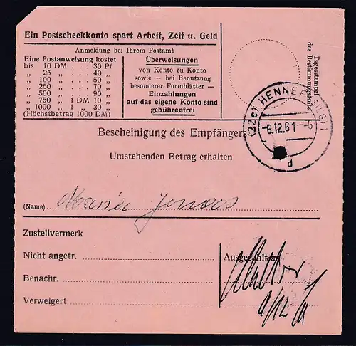 Bund, Postanweisung mit EF MI.-Nr. 261