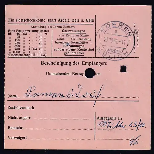 Bund, Postanweisung mit MeF MI.-Nr. 184