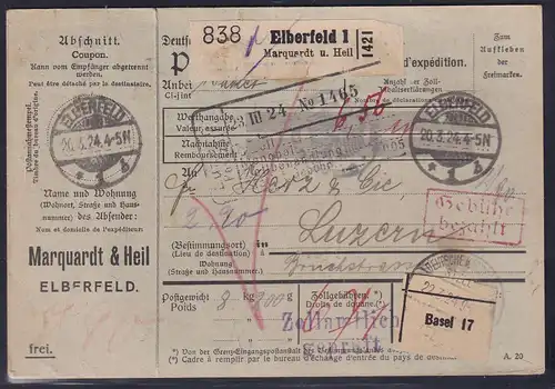 DR., Ausland-Paketkarte mit  Gebühr bezahlt aus Elberfeld/Selbstbucher