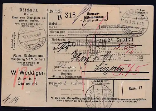 DR., Ausland-Paketkarte mit Gebühr bezahlt aus Barmen-Rittershausen/Selbstbucher