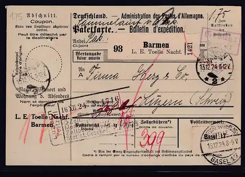 DR., Ausland-Paketkarte mit  Gebühr bezahlt aus Barmen/Selbstbucher