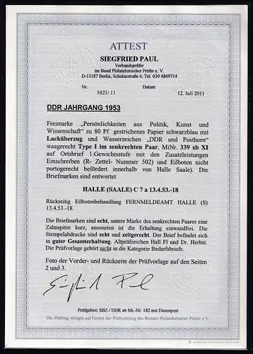  DDR 1953, Freimarke Mi.-Nr. 339 xb XI, 2X auf Ortsbrief, FA. Paul