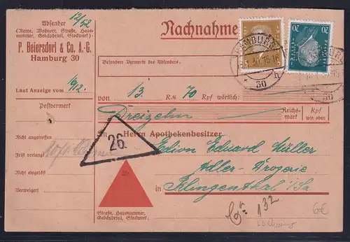 DR., NN-Karte mit MiF. Mi.-Nr. 410+415 mit Lochung Biersdorf, Hamburg.
