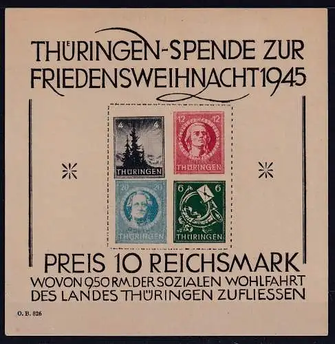 SBZ- Thüringen., Mi.-Nr. Block 2 t FEHLER I ( IV ) ungebraucht, FA. StröhBPP.