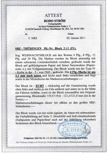 SBZ- Thüringen., Mi.-Nr. Block 2 t FEHLER I ( IV ) ungebraucht, FA. StröhBPP.