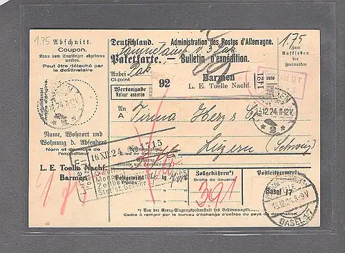 DR., Ausland-Paketkarte mit Gebühr bezahlt aus Barmen/Selbstbucher.