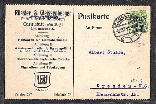 DR., Reklame-Karte, Holzwaren Fabrik Rössler&Weissenberger Cannstatt