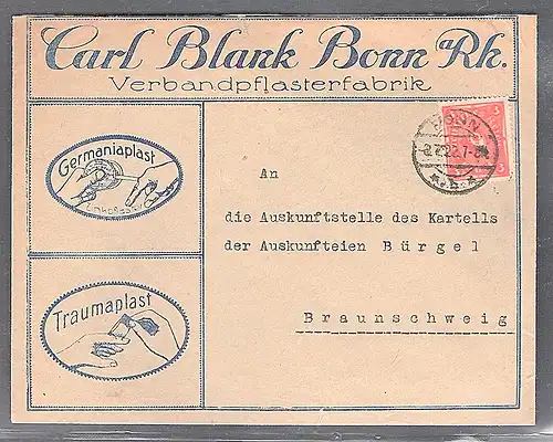 DR. Reklame-Brief,  Verbandpflasterfabrik Carl Blank Bonn.