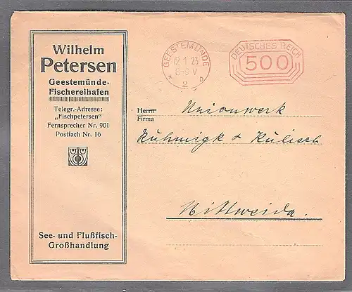 DR. Reklame-Brief, See-und Flußfisch-Großhandlung, W. Petersen, Geestemünde.