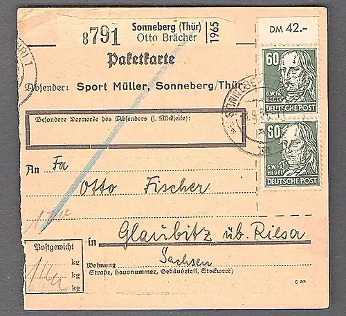 SBZ, Mi.-Nr. 225 OR. Me.F auf Paketkarte.