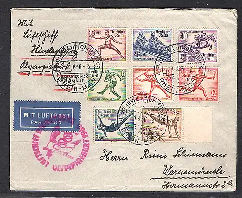 Zeppelin-Satz-Brief, Olympiafahrt  1936 Si. 427 Ba,  mit DR. Mi.-Nr. 609-616